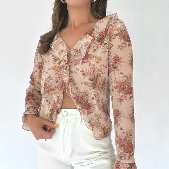 Y2k Pink Floral Ruffle Blouse - Picture 3 of 5